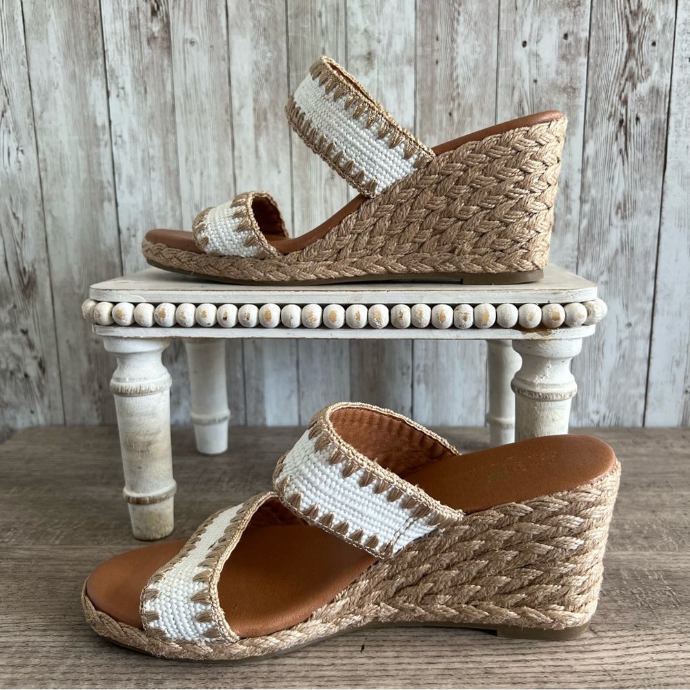 Tommy Bahama Cream Tan Woven Espadrille Wedge Sandals Beachy Resort Size 6.5 - Picture 3 of 8